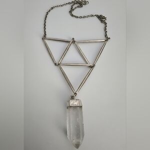 Handmade Geometric Silver Triangle Necklace with Clear Crystal Pendant